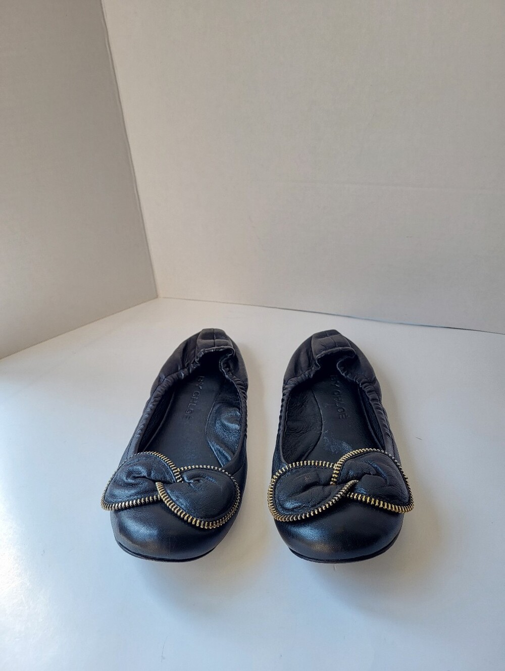 See By Chloe Black Leather Ballet Flats with Gold Zip-Trim Knot - Picture 3 of 14